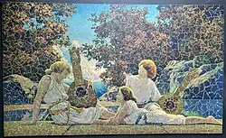 A 750 piece Pastime Puzzle called "The Lute Players" with art by Maxfield Parrish. It shows a man and two women dressed in white robes in front of a landscape background; the man and one of the women are holding lutes.