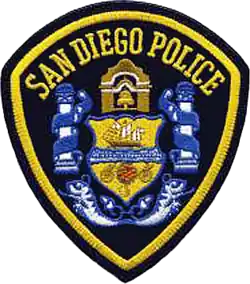 Current SDPD patch. Introduced in 1988, these patches were originally brown to match the tan uniforms of the time, before being changed to blue in 1998.