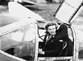 Patty Thomas in a Lockheed P-38 Lightning plane in Europe during May 1945 on Bob Hope USO tour.