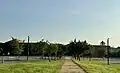 Formal entryway to school with a sidewalk with rows of trees on each side leading to the school building in the distance
