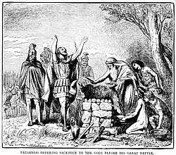Black and white sketch of a priest sacrificing an animal while the commanders of an army pray