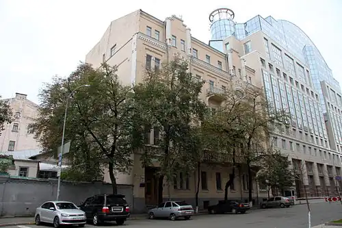 Sadova Street in Lypky neighborhood. Modern office building to the right houses various bodies of the Verkhovna Rada (Ukraine's parliament)