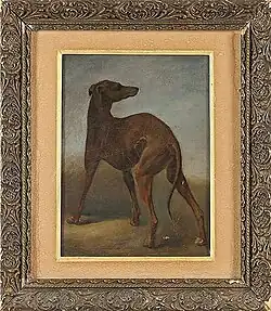 Painting representing a greyhound seen from the side.