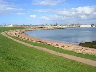 A curving bay with a town on the horizon