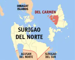 Map of Surigao del Norte with Del Carmen highlighted