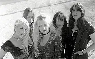 Phantom Blue in 1993. L-R: Michelle Meldrum, Kim Nielsen, Gigi Hangach, Linda McDonald, Karen Kreutzer