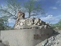 The chimney of the Rose Paulson House is the only thing that remains. The house was built in 1940 by Frank Lloyd Wright and was located on a hill by Camelback Road and Stanford Dr. The house caught fire in 1945 and what remains is the chimney that serves as part of the entrance to the Alta Vista Estates community.
