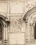 Photograph of a defaced and damaged fresco of Guru Ram Das that once adorned the exterior wall of Gurdwara Janam Asthan Guru Ram Das, located in Chuna Mandi, Lahore, Punjab, circa 1920's