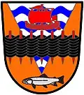 Rhyl Town Council (Wales): Tenny, a pile barruly wavy argent and azure, over all a fish weir sable, staked gules, in fess between a lymphad sail set, pennon and flags flying, gules, and in base a salmon naiant proper.