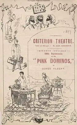 Victorian theatre programme, with sketches of scenes from the play, including three young women wearing masks