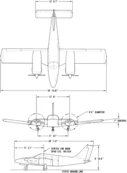 3-view line drawing of the Piper PA-34-200 Seneca