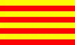 A pirate flag used by Richard Sawkins, described as "a red Flag striped with yellow...".[50]
