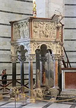 Pulpit in the Pisa Baptistery by Nicola Pisano; 1260; marble; height: 4.6 m.[34]