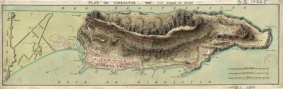 Map of Gibraltar by Jean-Denis Barbié du Bocage, annotated in French.