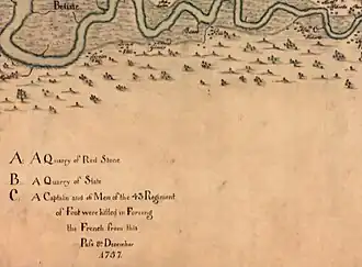 The letter "C" at the top right marks the location of Battle of Bloody Creek, Annapolis River map c. 1759.