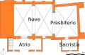 Floor plan of the church showing the church porch (atrio), nave, Presbytery, and sacristy (sacristía).