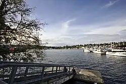 A concrete platform on a lake