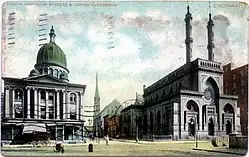 Postcard of St. Paul Episcopal Cathedral (razed 1937) and Plum Street Temple