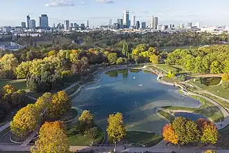 Mokotów Field, with Warsaw's skyline