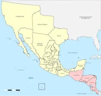 A map of the First Mexican Empire (1822–1823) with Central America shown in pink