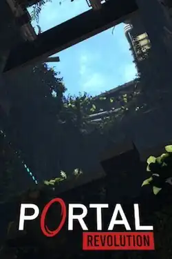The cover art of Portal: Revolution, depicting the ceiling of a dilapidated test chamber with a large hole which sunlight pours through