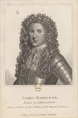 Engraving of a half-length portrait of James Hamilton Earl of Abercorn, showing a clean- shaven man wearing a long curly wig and armour