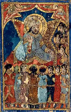 Right frontispiece (2r): possible depiction of the author al-Hariri himself, in the Maqamat of al-Hariri, 1237 CE, possibly Baghdad.[4][41]