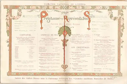 Middle pages of a program booklet in French, featuring large text reading "Programme des Représentation"