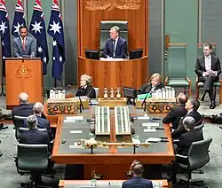 Jokowi delivering an address in the Parliament of Australia.