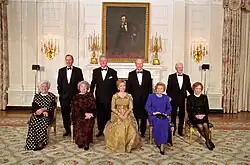 The Fords posing for a photograph with three other U.S. first couples (George H. W. and Barbara Bush, Bill and Hillary Clinton, Jimmy and Rosalynn Carter) as well as former first lady Lady Bird Johnson during at the 2000 White House Historical Association Dinner