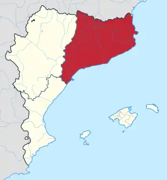 Location of the Principality of Catalonia (red) within the Iberian realms of the Crown of Aragon (white)