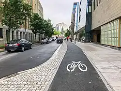 An asphalt bike lane on Lower Water Street in downtown Halifax. The general traffic lanes and car parking spaces are to the left of the bike lane. The bike lane itself is at the same level as the sidewalk, on the right.
