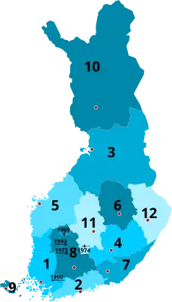 1960-1997 &nbsp;&nbsp;1&nbsp;Turku and Pori &nbsp;&nbsp;2&nbsp;Uusimaa &nbsp;&nbsp;3&nbsp;Oulu &nbsp;&nbsp;4&nbsp;Mikkeli &nbsp;&nbsp;5&nbsp;Vaasa &nbsp;&nbsp;6&nbsp;Kuopio &nbsp;&nbsp;7&nbsp;Kymi &nbsp;&nbsp;8&nbsp;Tavastia &nbsp;&nbsp;9&nbsp;Åland 10&nbsp;Lapland 11&nbsp;Central Finland 12&nbsp;Northern Karelia