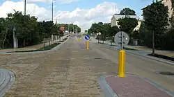 Brick road with center divider, lined with young trees