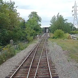 Gauntlet track on the approach to the Bordeaux Railway Bridge from Montreal to Laval, Quebec