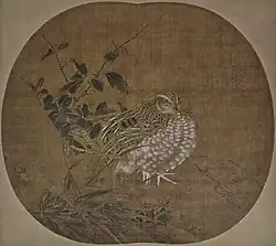 A quail in three-quarter view and a shrub on an oval background.