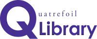 The 'Q' in Quatrefoil is big and purple; the rest of the word—which is rendered in black, serif type—is only about one-sixth the height of the 'Q'. It extends to the right; its baseline is above the midline of the 'Q'. The word 'Library' in sans serif is also to the right of the Q, and beneath the rest of the word 'Quatrefoil'. It is in the same purple sans-serif type as the capital 'Q', but less than half the height.