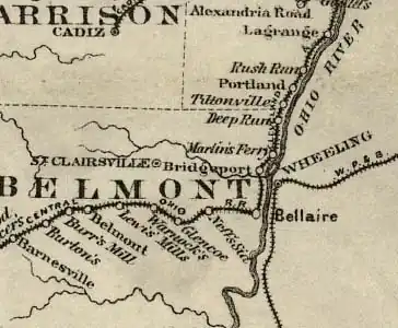map showing Wheeling, Belmont county including Bellaire, rail lines, and the Ohio River