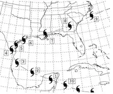A map centered on the Gulf of Mexico, including parts of the northern Caribbean Sea, eastern Mexico, the Southeastern United States, and the Western Atlantic, with present-day U.S. state and national boundaries highlighted. An approximate track of the hurricane has been drawn, appearing as a parabola.