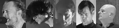 A collage of all five Radiohead members in the mid-2010s