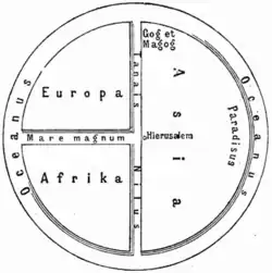 Ideal reconstruction of medieval T-and-O maps (from Meyers Konversationslexikon, 1895) (Asia shown on the right)