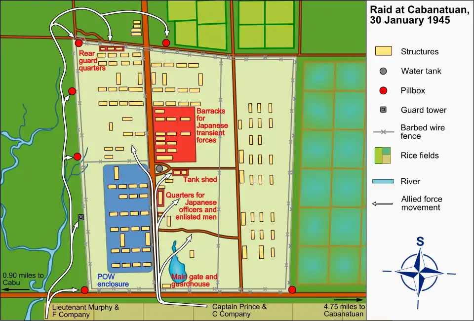 Overhead map of the layout of the prisoner camp. Arrows indicate the directions the American soldiers attacked the camp, and a legend at the right indicates the types of buildings located in the camp
