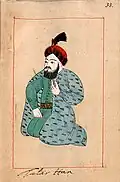 Ralamb-38. Khan of the Tatars. Dressed in a green dolama with a brocaded sash over which he wears a long blue kaftan with a wavy tiger pattern. On his head he wears a red cap with fur trimming ornamented with an aigrette.