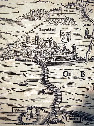 The bridge between Hurden (bottom) and Rapperswil on a map by Jos Murer (1566)