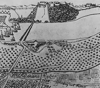Map of Petrovaradin showcasing a pontoon bridge prior to the Hagen Bridge, 1698