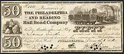 Philadelphia and Reading Railroad Company 50 dollar bill. Bill has several small circular holes punched through the signatures of the Treasurer and Engineer. Images include Liberty, seated, with shield, caduceus, and sailing vessels; a busy railway station with cars on four different tracks; and a horse.