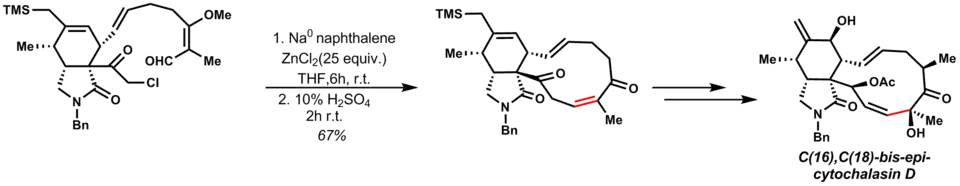 E. Vedejs total synthesis of C(16),C(18)-bis-epi-cytochalasin D uses a late stage Reformatsky reaction to access the natural product