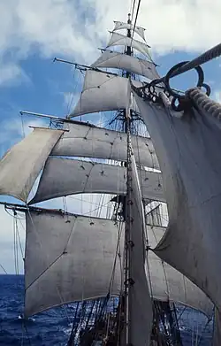 The highest sail is moonraker, lower skysail and royal sail.