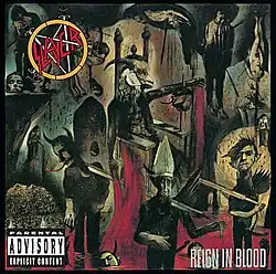 An image of the album cover featuring a demonic creature being carried on a chair by two people on each side. These people are carrying it over a sea of blood where several heads of corpses are floating. In the top left corner of the album is Slayer's logo while in the bottom right corner is the album title "Reign in Blood".