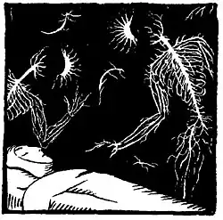 black and white drawing of a bedridden man surrounded by two silhouettes.